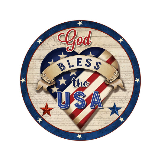 God Bless the USA Patriotic Wreath Sign, American Flag Heart wreath sign, Rustic Primitive Stars and Stripes wreath attachment