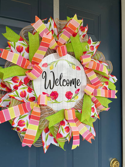 Slim Spring Tulip Wreath for Front Door, Spring Welcome Wreath, coral pink Spring Decoration, low profile wreath for behind storm door