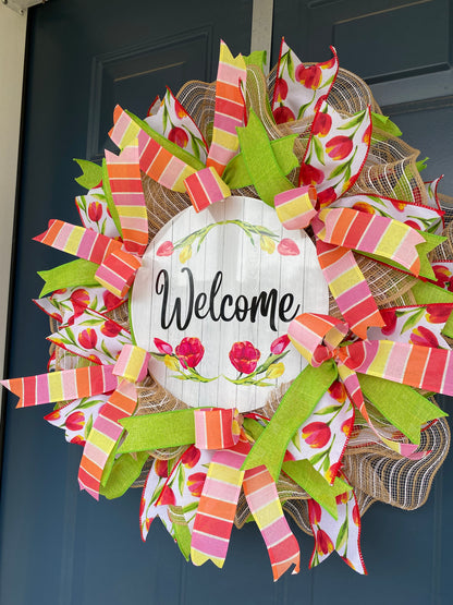 Slim Spring Tulip Wreath for Front Door, Spring Welcome Wreath, coral pink Spring Decoration, low profile wreath for behind storm door