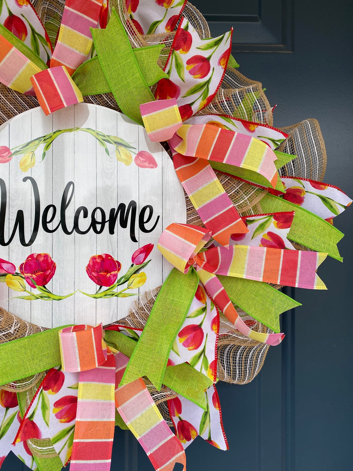 Slim Spring Tulip Wreath for Front Door, Spring Welcome Wreath, coral pink Spring Decoration, low profile wreath for behind storm door