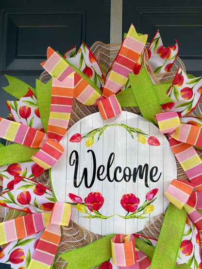 Slim Spring Tulip Wreath for Front Door, Spring Welcome Wreath, coral pink Spring Decoration, low profile wreath for behind storm door