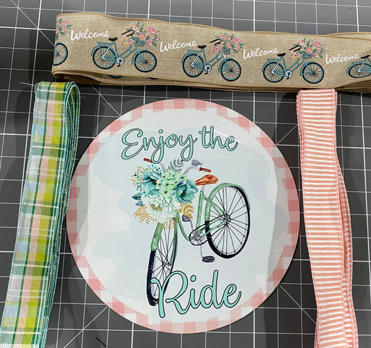 Summer Enjoy the Ride Bicycle welcome sign and ribbon kit, Spring wreath kit, craft supplies for wreath, Wreath sign with matching ribbon
