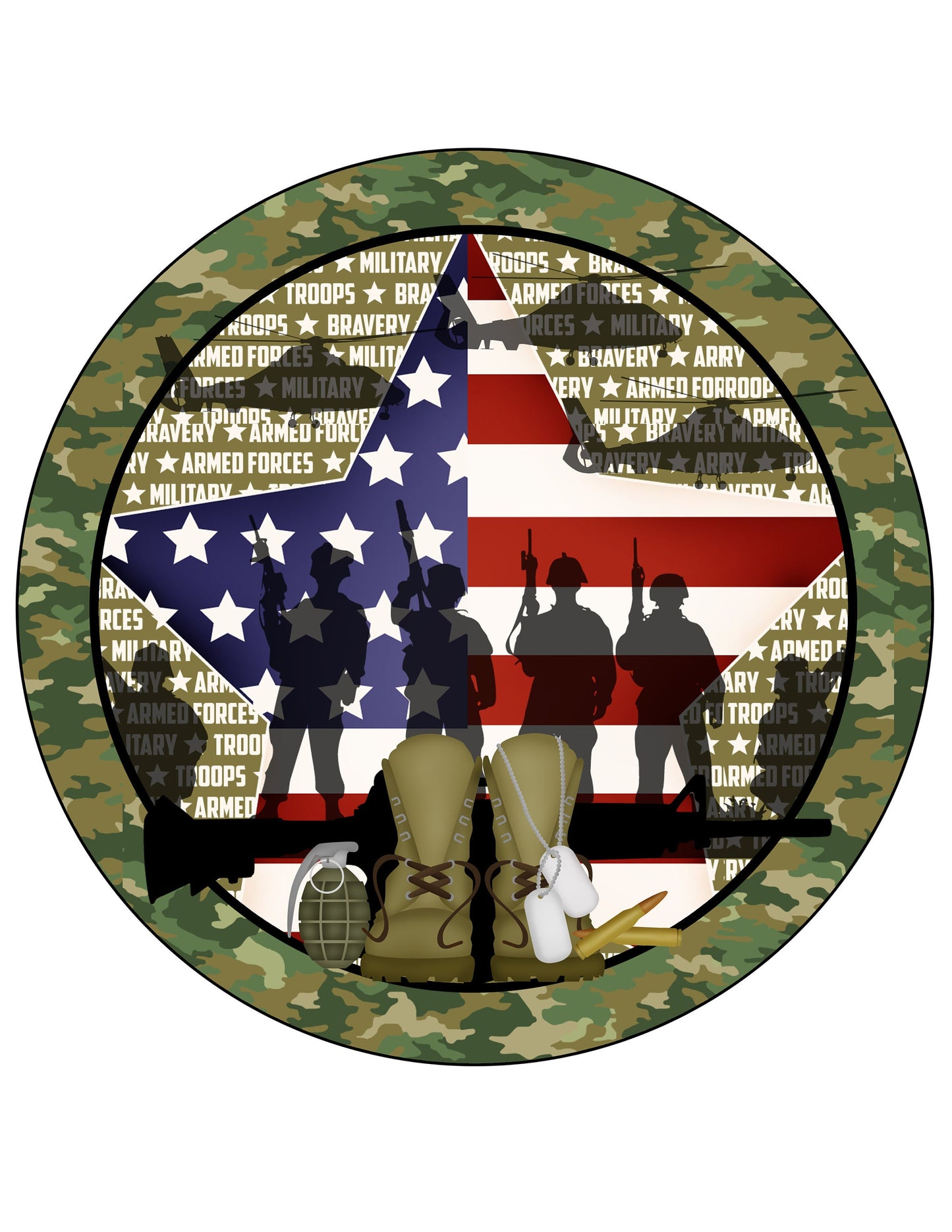 Patriotic armed forces star flag wreath sign, army wreath sign, soldier's boots wreath attachment, America sign, Patriotic sign