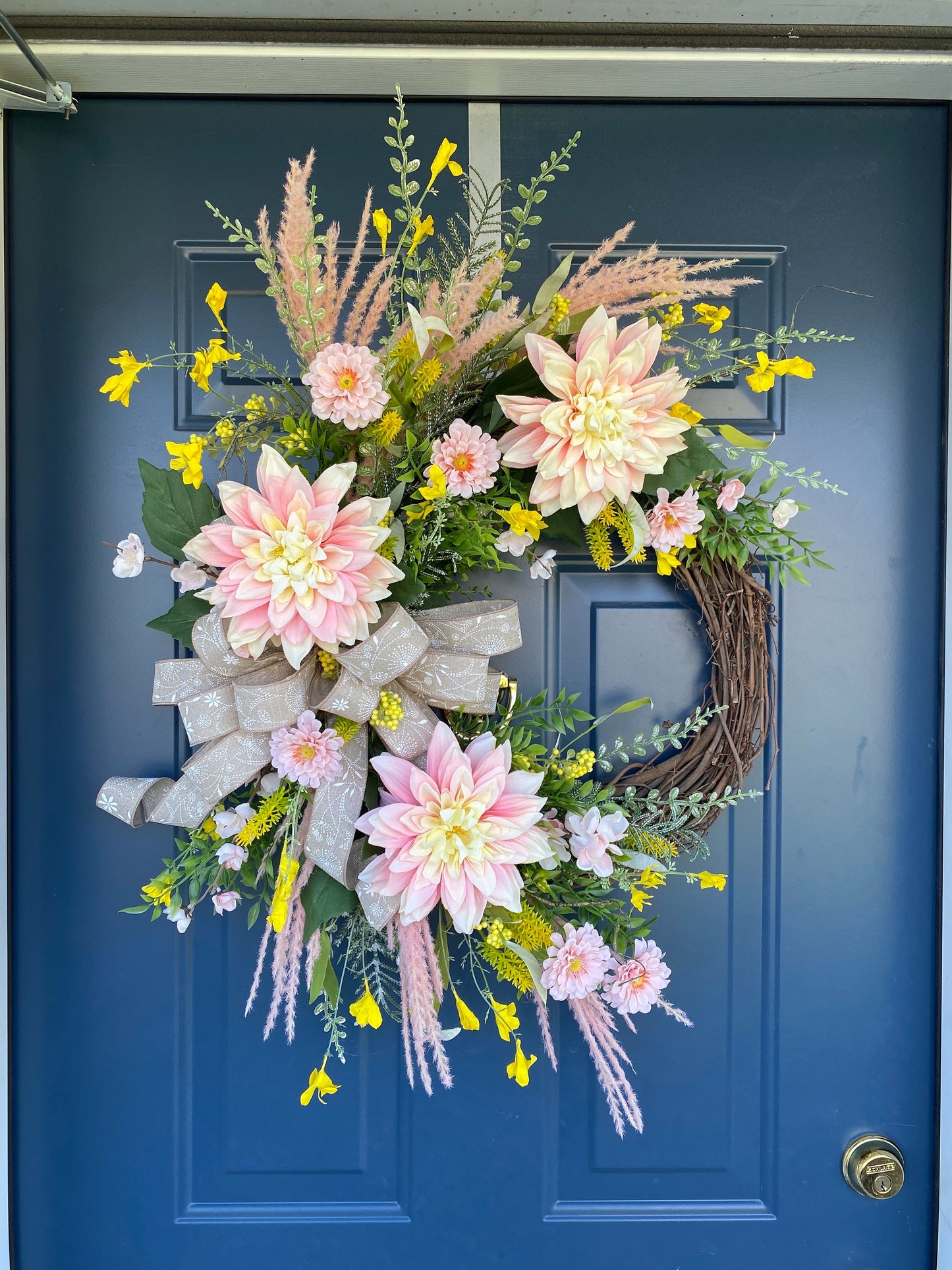 Pink Yellow Dahlia and Wildflower Floral Wreath, Boho Spring Summer Decorative Door Decorations, Country Cottage Garden Mothers Day Gift