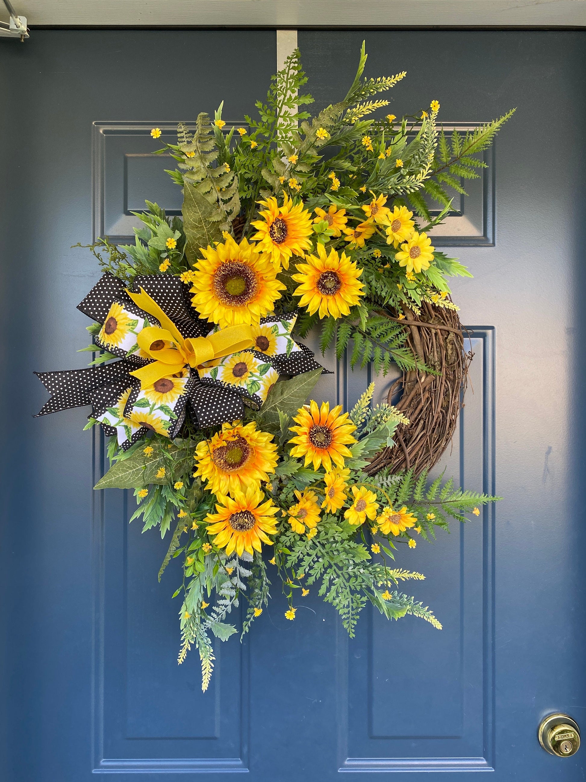 Yellow Summer Sunflower and Wildflower Wreath, Sunflower Porch Decor, Grapevine Door Hanger for Front Door, Mother's Day Gift idea