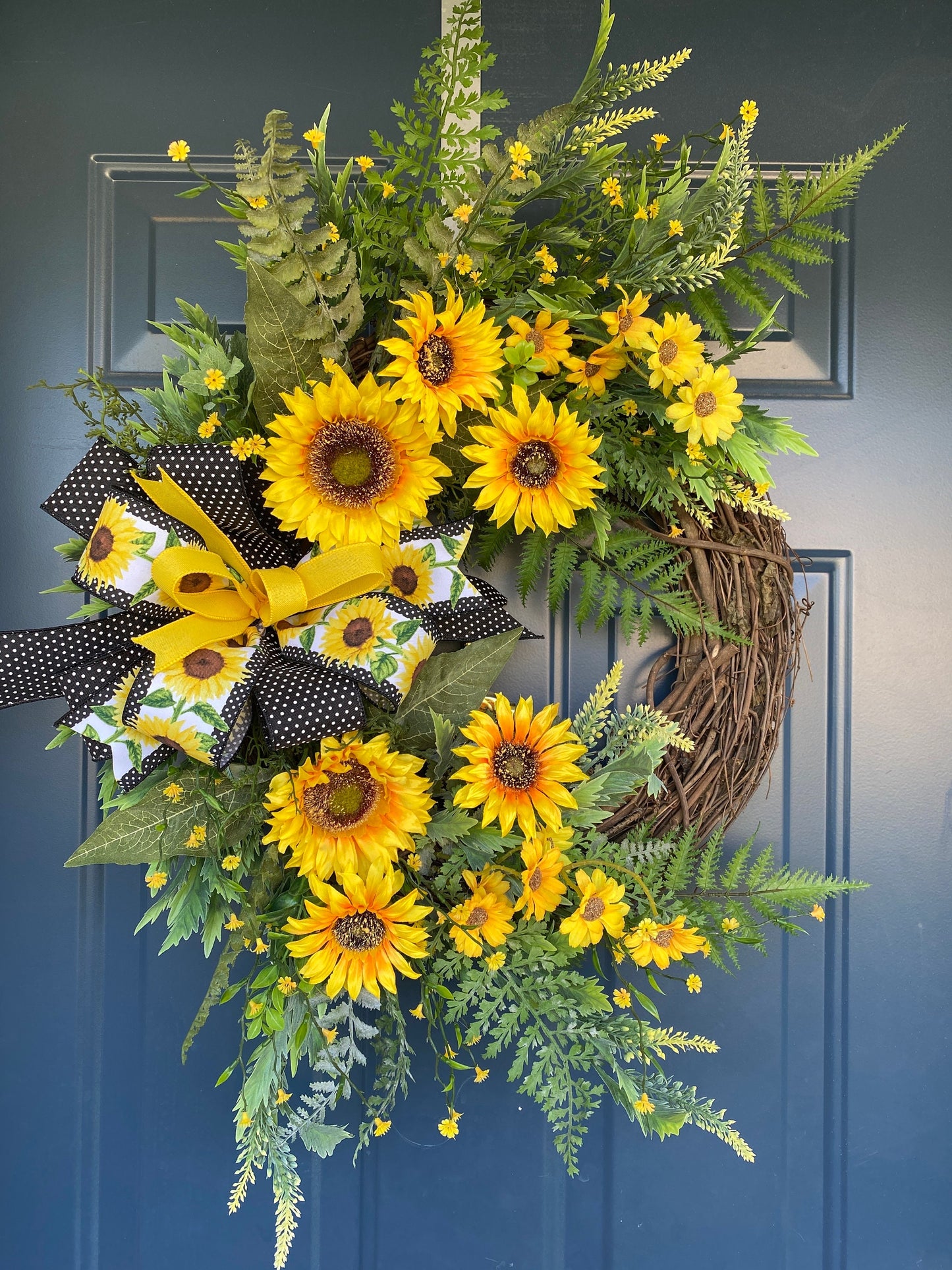 Yellow Summer Sunflower and Wildflower Wreath, Sunflower Porch Decor, Grapevine Door Hanger for Front Door, Mother's Day Gift idea