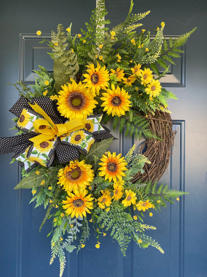 Yellow Summer Sunflower and Wildflower Wreath, Sunflower Porch Decor, Grapevine Door Hanger for Front Door, Mother's Day Gift idea