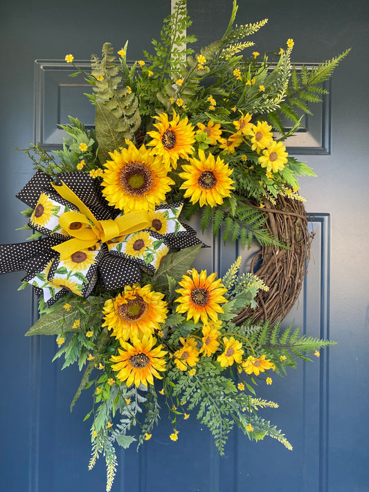 Yellow Summer Sunflower and Wildflower Wreath, Sunflower Porch Decor, Grapevine Door Hanger for Front Door, Mother's Day Gift idea