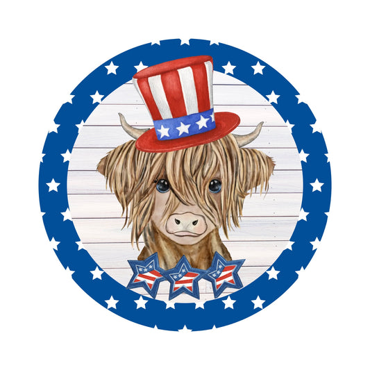 Highland Cow Patriotic sign for wreath, Wreath Attachment, 4th of July Summer Wreath Rail attachment, highland cow home decor
