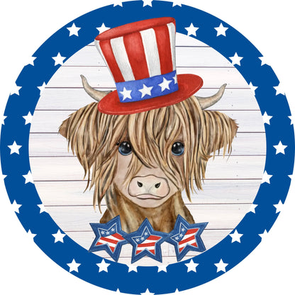 Highland Cow Patriotic sign for wreath, Wreath Attachment, 4th of July Summer Wreath Rail attachment, highland cow home decor