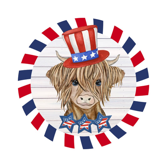 Highland Cow Patriotic sign for wreath, Wreath Attachment, 4th of July Summer Wreath Rail attachment, highland cow home decor