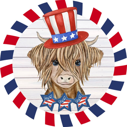 Highland Cow Patriotic sign for wreath, Wreath Attachment, 4th of July Summer Wreath Rail attachment, highland cow home decor