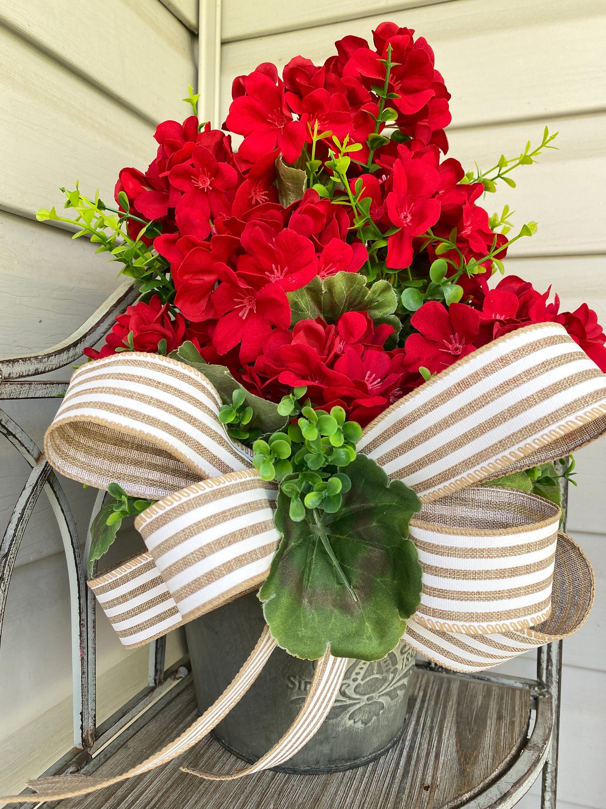 Summer Red Geranium Door Bucket Wreath for Front Door, Rustic Red Geranium Wreath, Red Geranium Boxwood Porch Arrangement, Hanging Basket