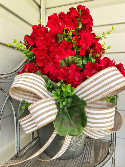 Summer Red Geranium Door Bucket Wreath for Front Door, Rustic Red Geranium Wreath, Red Geranium Boxwood Porch Arrangement, Hanging Basket