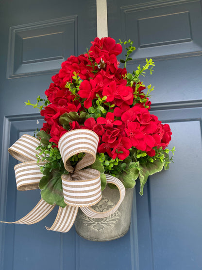 Summer Red Geranium Door Bucket Wreath for Front Door, Rustic Red Geranium Wreath, Red Geranium Boxwood Porch Arrangement, Hanging Basket