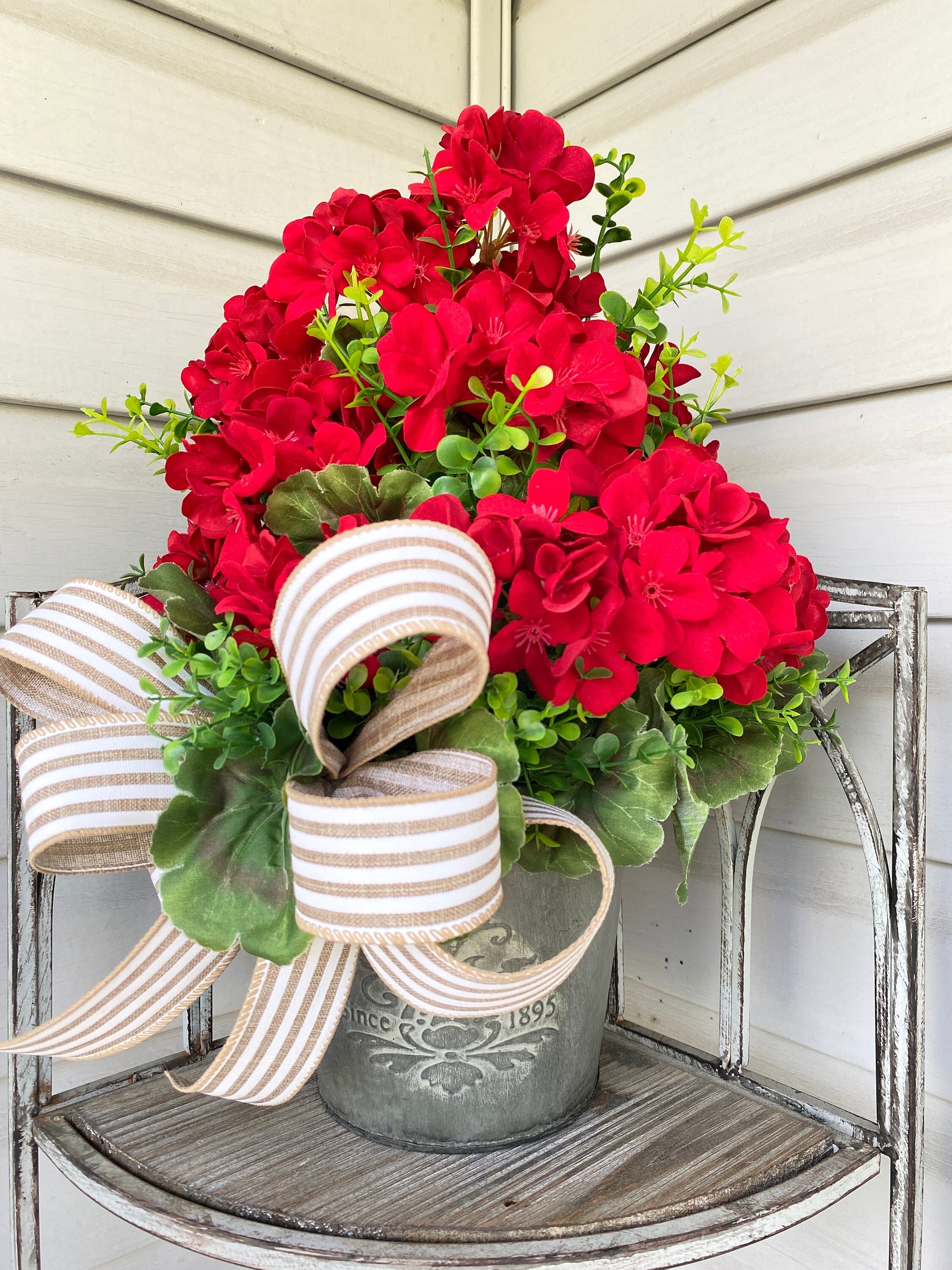 Summer Red Geranium Door Bucket Wreath for Front Door, Rustic Red Geranium Wreath, Red Geranium Boxwood Porch Arrangement, Hanging Basket
