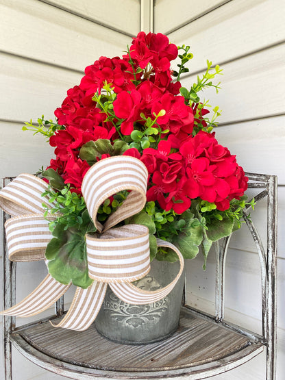 Summer Red Geranium Door Bucket Wreath for Front Door, Rustic Red Geranium Wreath, Red Geranium Boxwood Porch Arrangement, Hanging Basket
