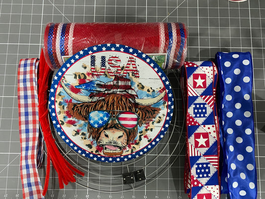 Patriotic Highland Cow Welcome Wreath Kit, mesh diy wreath kit, 4th of July sign & ribbon kit, Craft supplies to make your own wreath