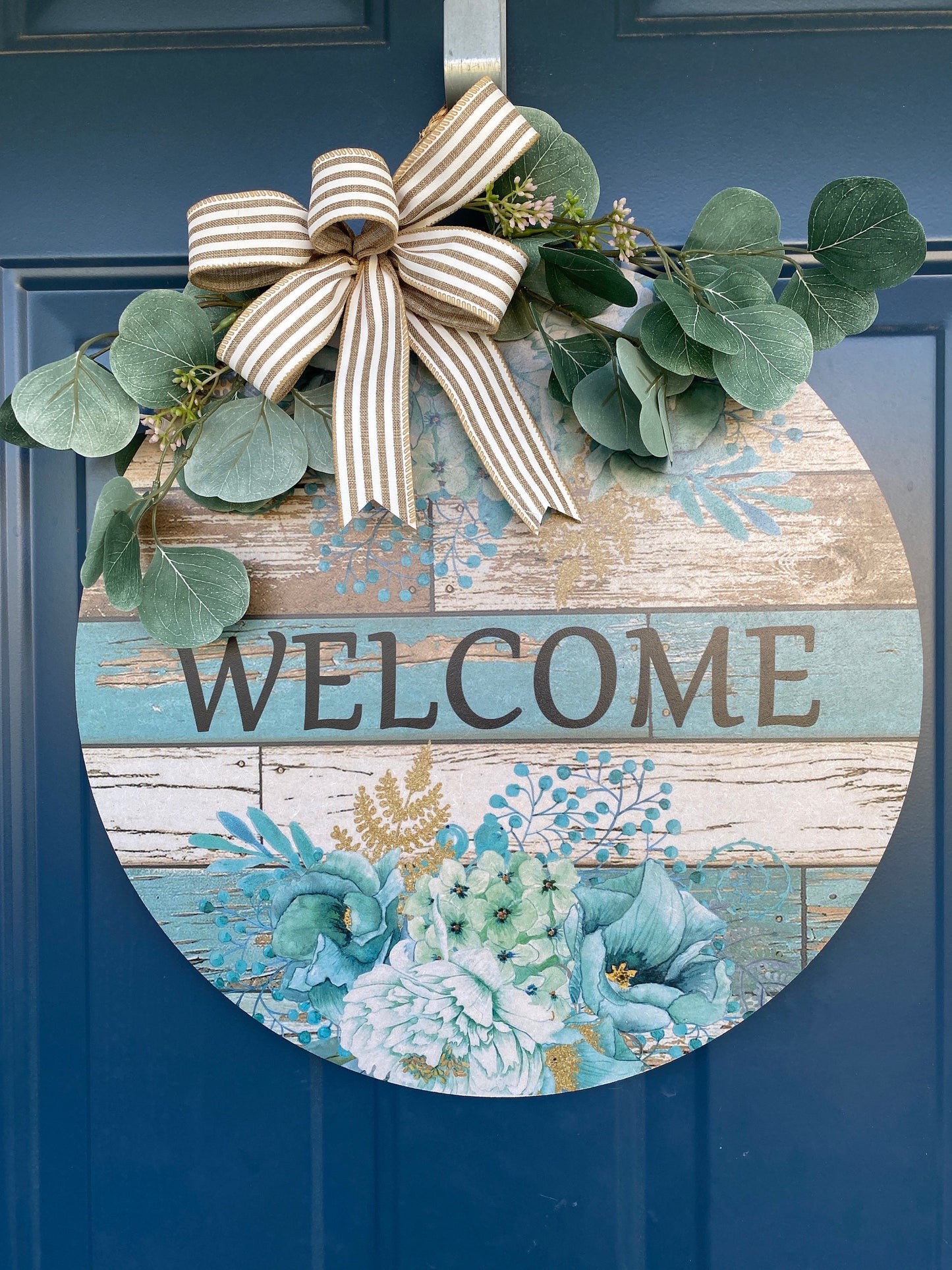 Blue Floral Welcome Front Door Hanger, Porch Sign, Welcome Sign, Wood Door Sign, Front Door Sign, Year Round Wreath, Blue Door Decor