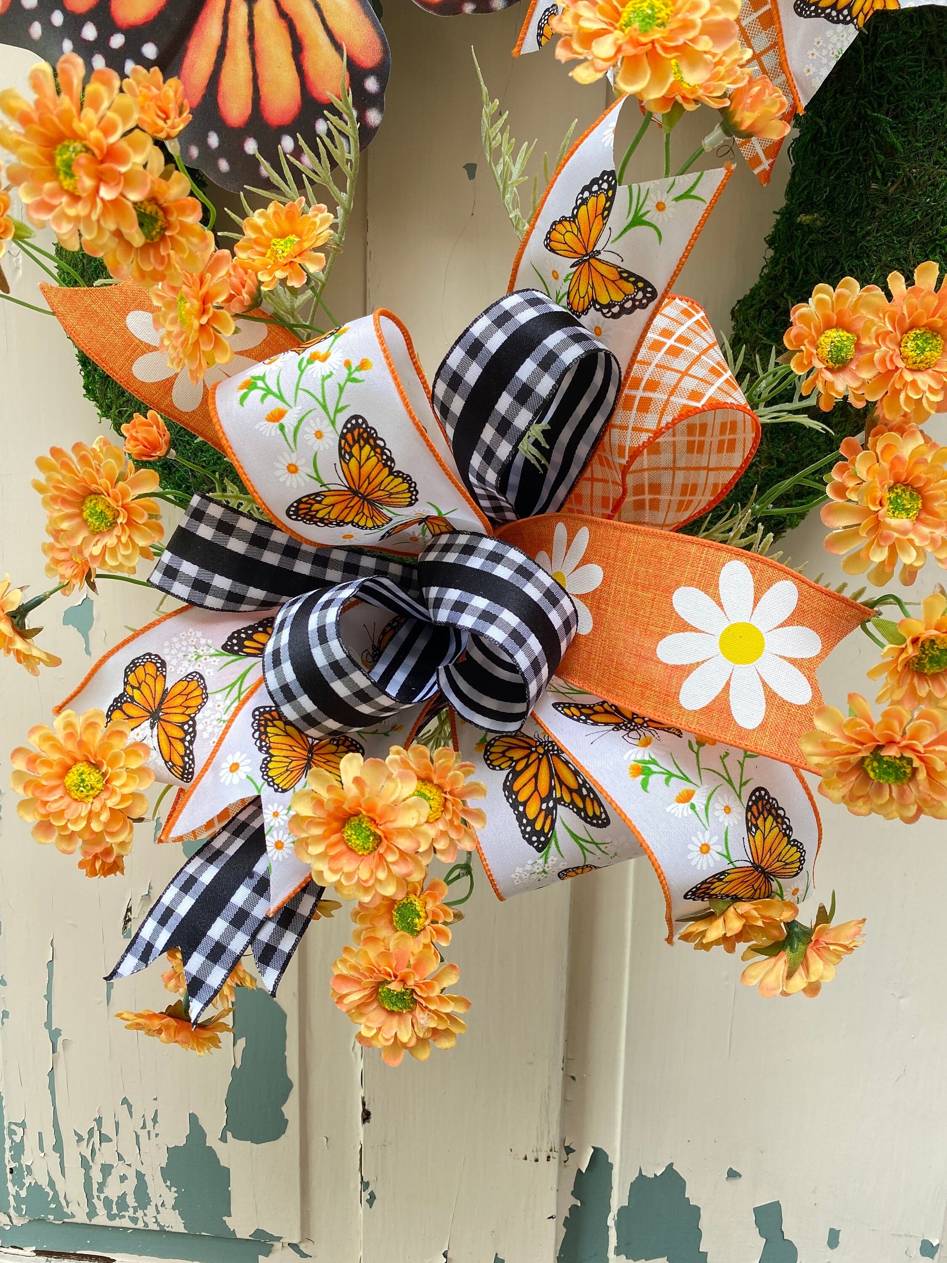 Summer Butterfly Wreath for Front Door, Monarch Butterfly Mother's Day Gift, Floral Moss Wreath for Spring Summer, Handmade gift for Mother