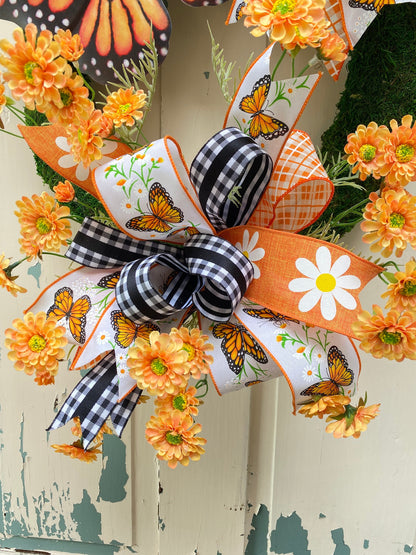 Summer Butterfly Wreath for Front Door, Monarch Butterfly Mother's Day Gift, Floral Moss Wreath for Spring Summer, Handmade gift for Mother