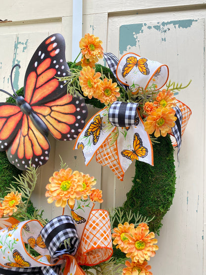 Summer Butterfly Wreath for Front Door, Monarch Butterfly Mother's Day Gift, Floral Moss Wreath for Spring Summer, Handmade gift for Mother