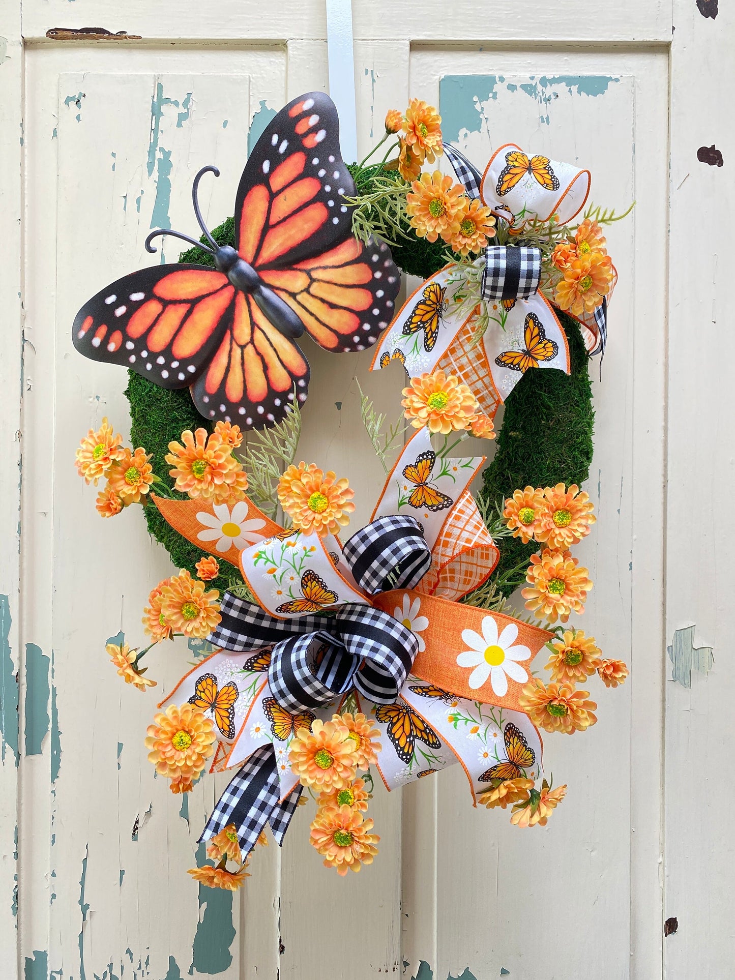 Summer Butterfly Wreath for Front Door, Monarch Butterfly Mother's Day Gift, Floral Moss Wreath for Spring Summer, Handmade gift for Mother
