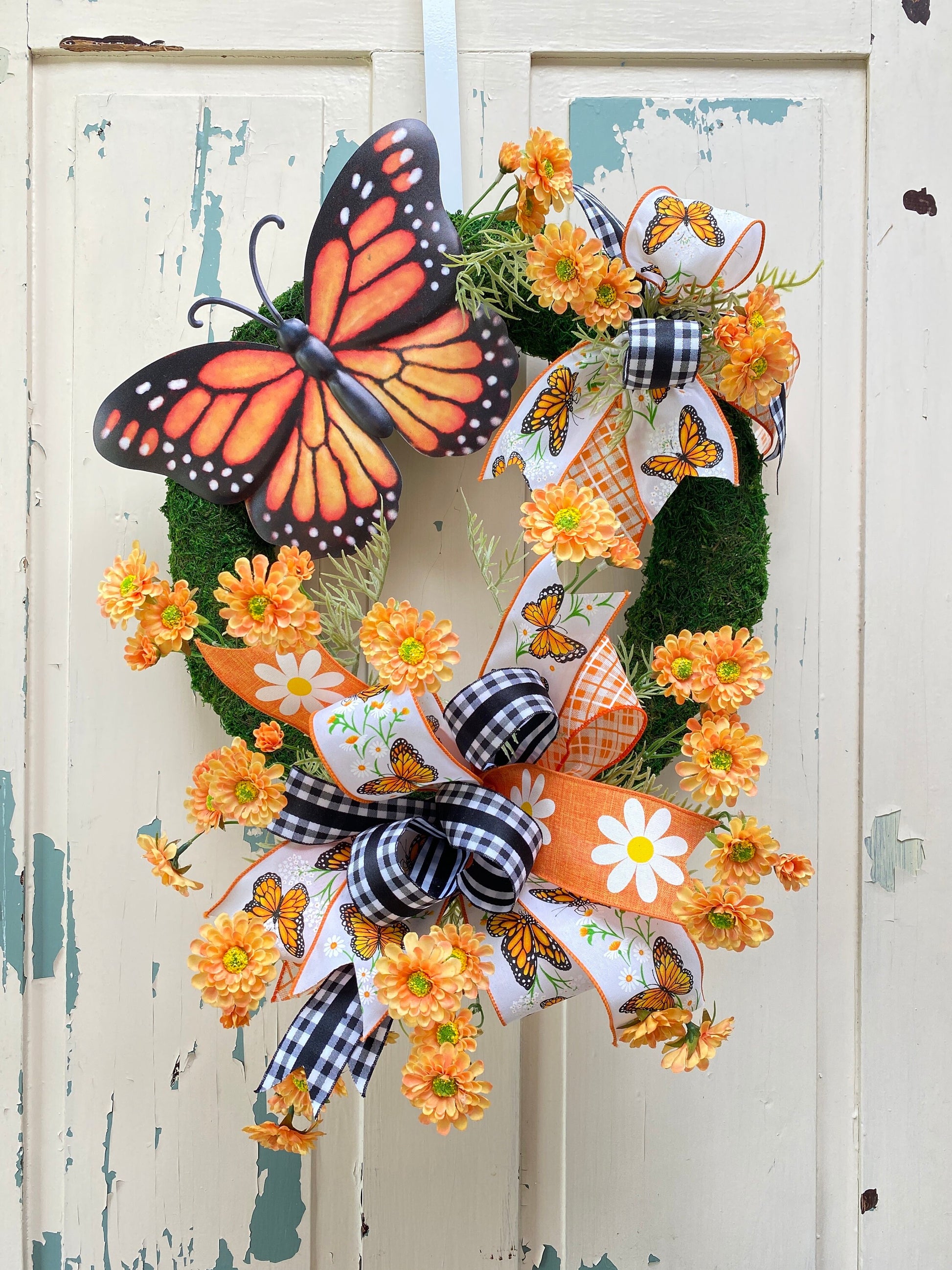 Summer Butterfly Wreath for Front Door, Monarch Butterfly Mother's Day Gift, Floral Moss Wreath for Spring Summer, Handmade gift for Mother