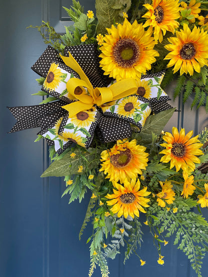 Yellow Summer Sunflower and Wildflower Wreath, Sunflower Porch Decor, Grapevine Door Hanger for Front Door, Mother's Day Gift idea
