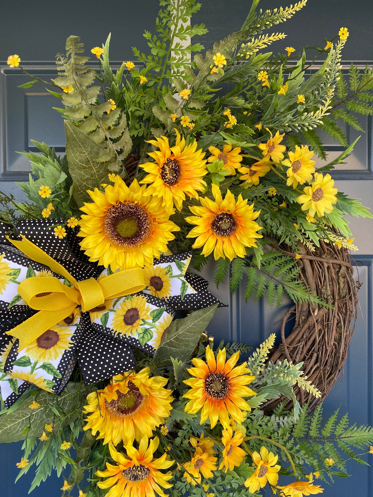 Yellow Summer Sunflower and Wildflower Wreath, Sunflower Porch Decor, Grapevine Door Hanger for Front Door, Mother's Day Gift idea