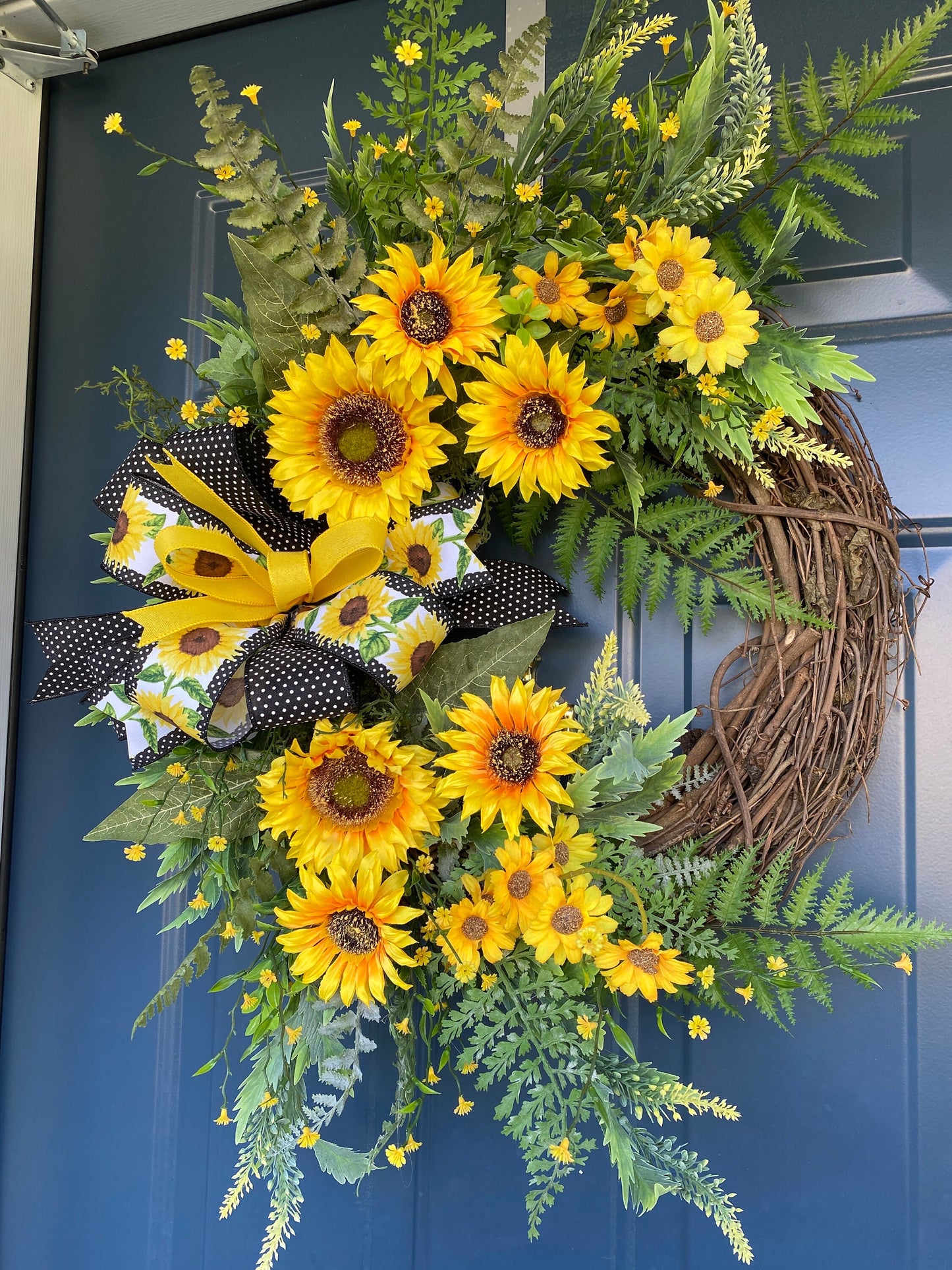 Yellow Summer Sunflower and Wildflower Wreath, Sunflower Porch Decor, Grapevine Door Hanger for Front Door, Mother's Day Gift idea