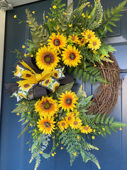 Yellow Summer Sunflower and Wildflower Wreath, Sunflower Porch Decor, Grapevine Door Hanger for Front Door, Mother's Day Gift idea