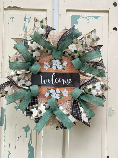 Magnolia year round wreath for front door, thin Magnolia Welcome Wreath, minimalist door decor, Spring Magnolia farmhouse decoration