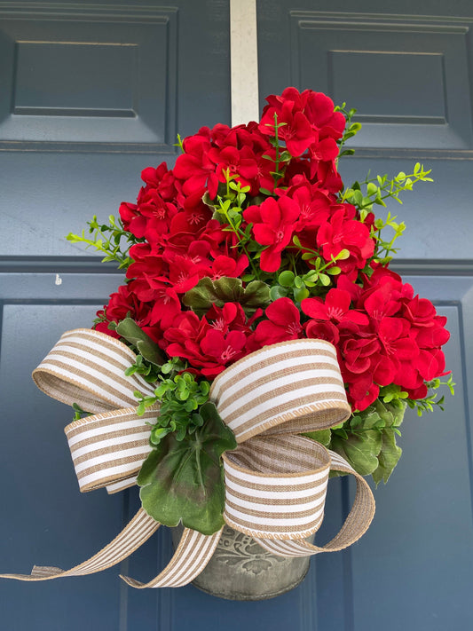 Summer Red Geranium Door Bucket Wreath for Front Door, Rustic Red Geranium Wreath, Red Geranium Boxwood Porch Arrangement, Hanging Basket