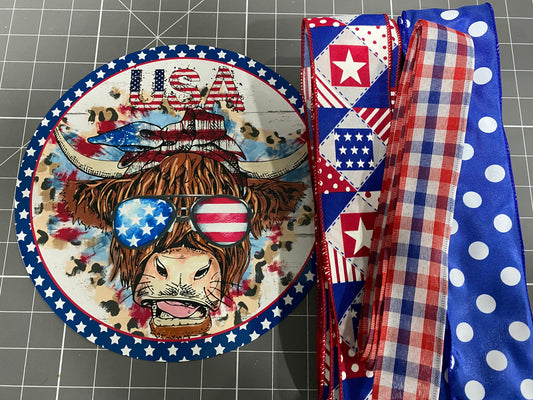 Patriotic Highland Cow Welcome Sign and Ribbon Kit, 4th of July sign & ribbon kit, Wreath sign with matching ribbon, craft kit for wreath