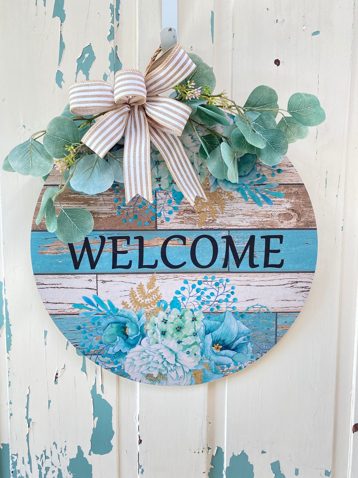 Blue Floral Welcome Front Door Hanger, Porch Sign, Welcome Sign, Wood Door Sign, Front Door Sign, Year Round Wreath, Blue Door Decor