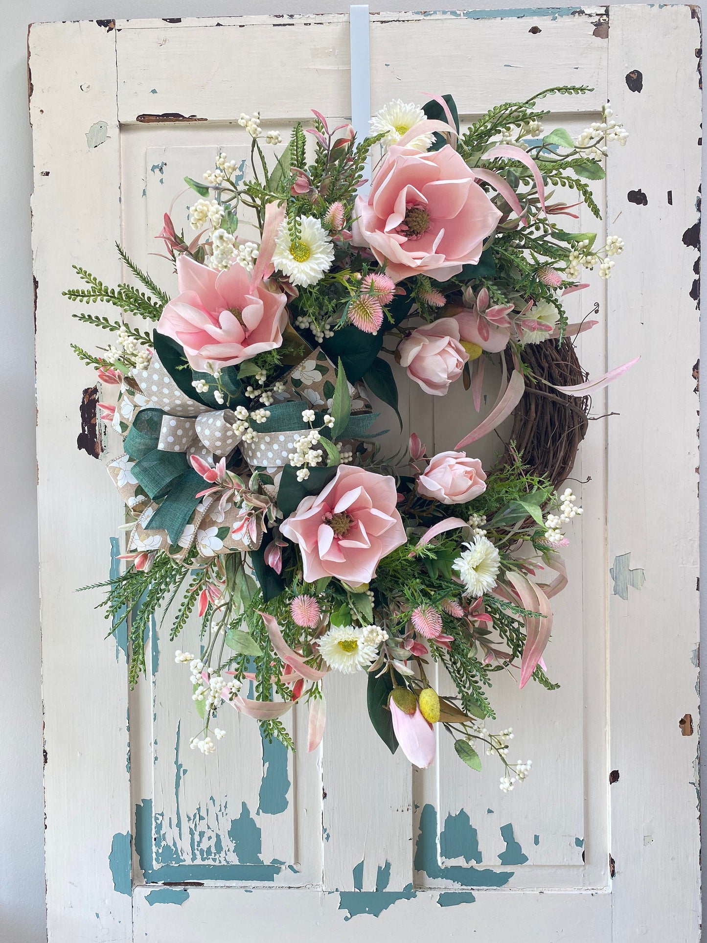 Elegant Pink Magnolia Year Round Wreath for Front Door, Xtra Large Everyday Floral Wreath