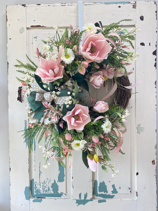 Elegant Pink Magnolia Year Round Wreath for Front Door, Xtra Large Everyday Floral Wreath