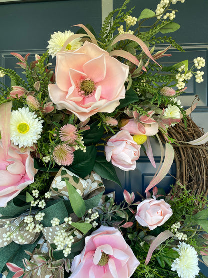 Elegant Pink Magnolia Year Round Wreath for Front Door, Xtra Large Everyday Floral Wreath