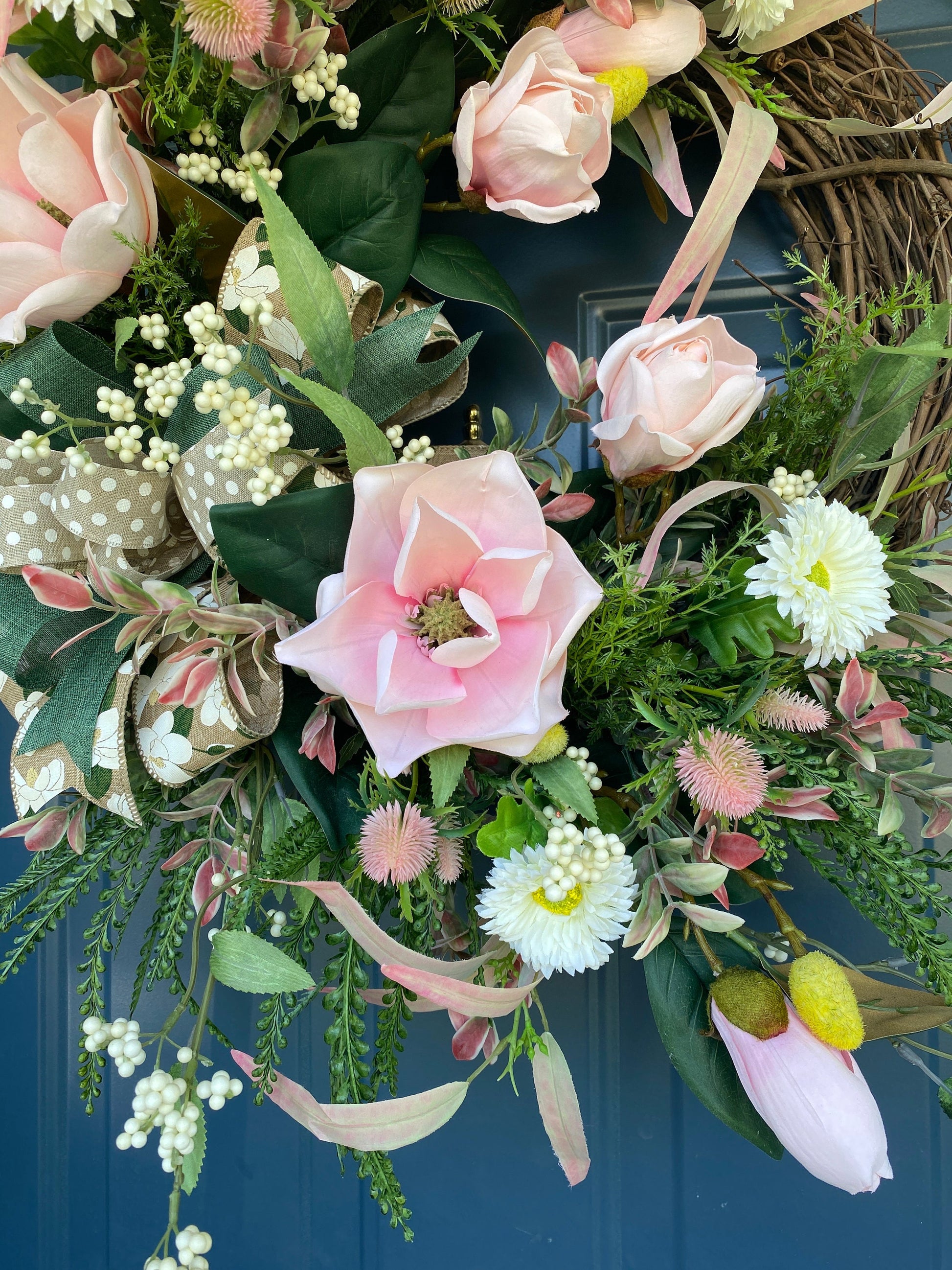 Elegant Pink Magnolia Year Round Wreath for Front Door, Xtra Large Everyday Floral Wreath