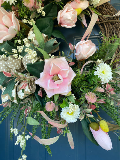 Elegant Pink Magnolia Year Round Wreath for Front Door, Xtra Large Everyday Floral Wreath