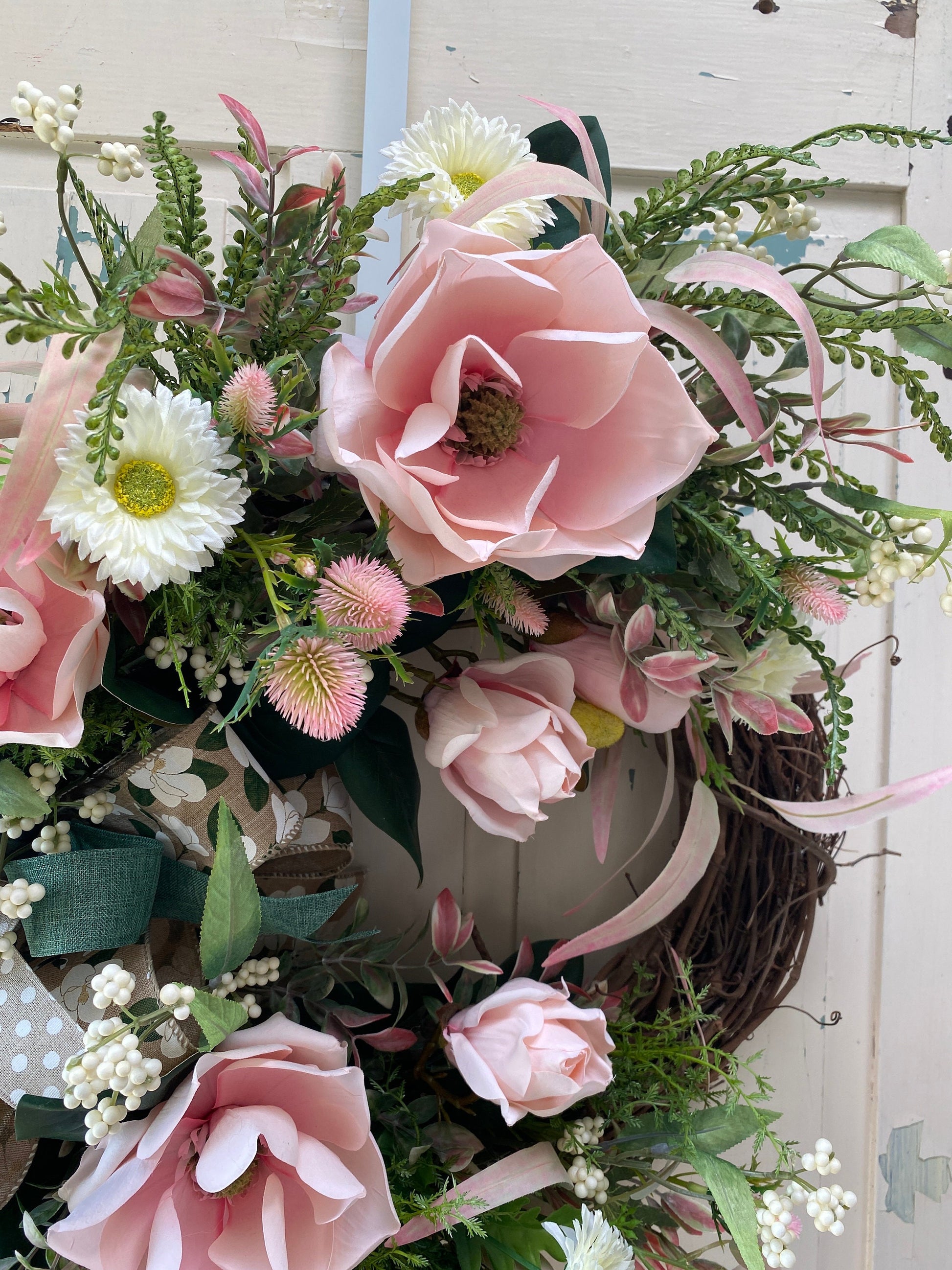 Elegant Pink Magnolia Year Round Wreath for Front Door, Xtra Large Everyday Floral Wreath