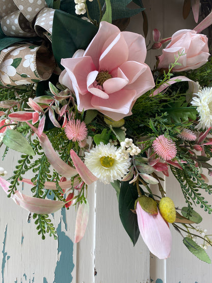 Elegant Pink Magnolia Year Round Wreath for Front Door, Xtra Large Everyday Floral Wreath