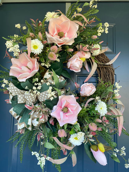 Elegant Pink Magnolia Year Round Wreath for Front Door, Xtra Large Everyday Floral Wreath