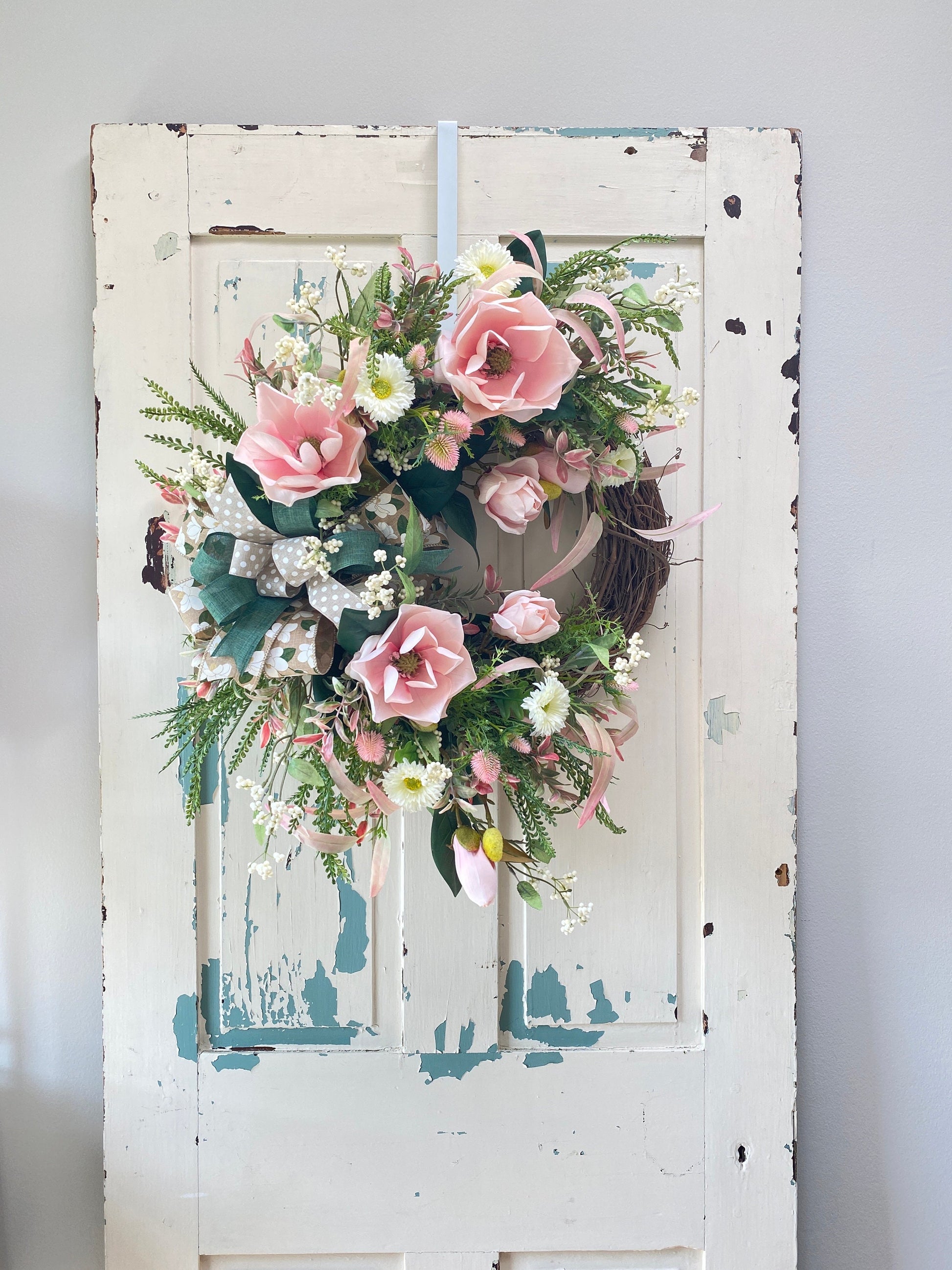 Elegant Pink Magnolia Year Round Wreath for Front Door, Xtra Large Everyday Floral Wreath