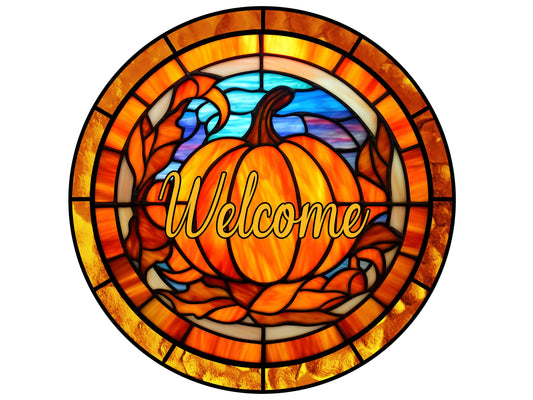 Stained glass look pumpkin round wreath sign, Faux stained glass Fall pumpkin metal sign, Autumn Welcome wreath or swag embellishment