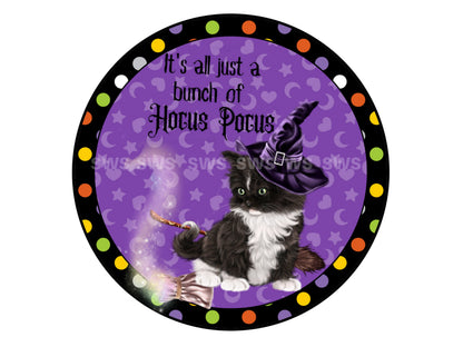 Black Cat Halloween Hocus Pocus wreath sign, Cat in witch hat Halloween sign, cat lover Halloween gift, wreath attachment