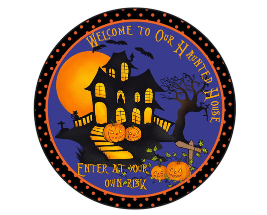 Haunted house halloween wreath sign, round halloween wreath attachment, purple orange black welcome metal sign, pick your size sign,