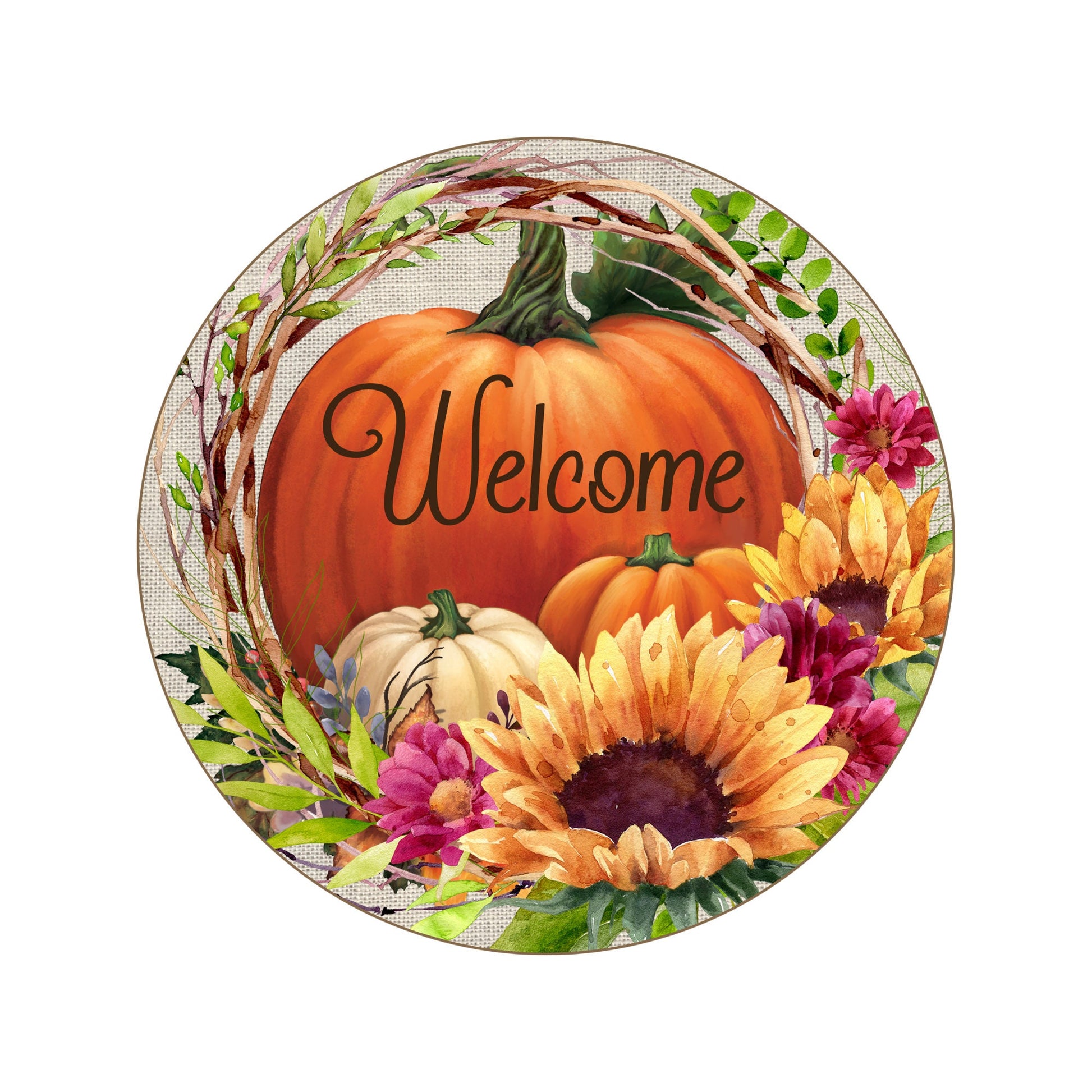 Welcome Fall Wreath Sign, Fall Pumpkin wreath attachment, pumpkin and sunflower decor, pumpkin decor, fall party, farmhouse fall sign