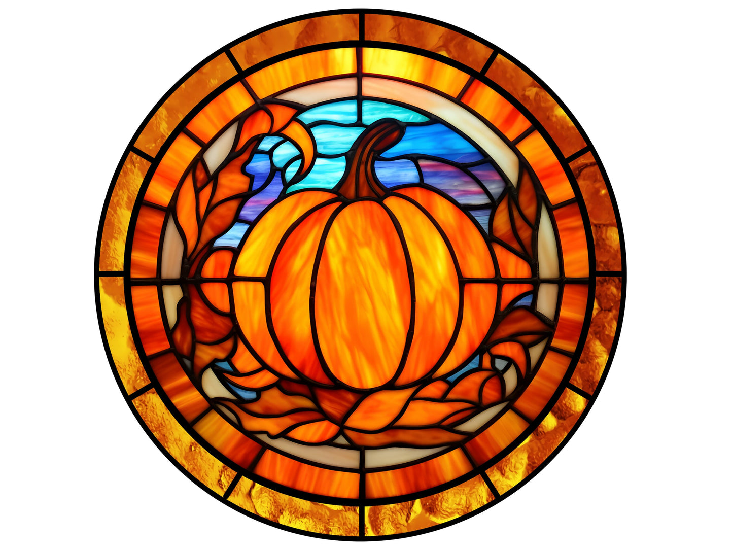 Stained glass look pumpkin round wreath sign, Faux stained glass Fall pumpkin metal sign
